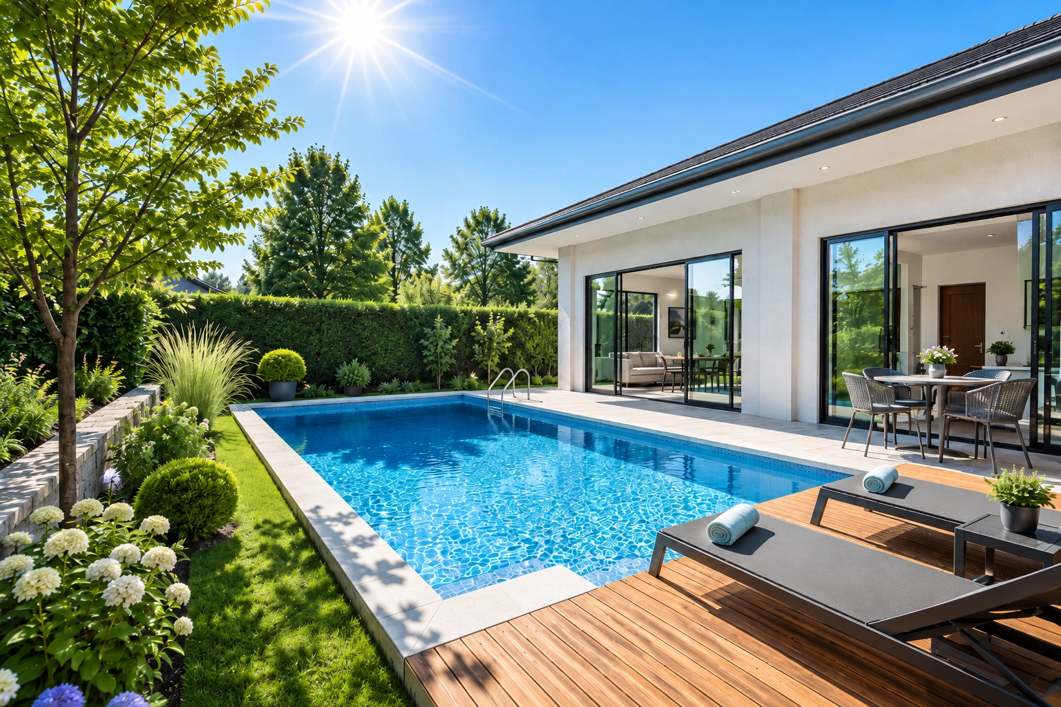 Gestaltungsidee eines Pools mit Holzdeck und Sonnenliegen