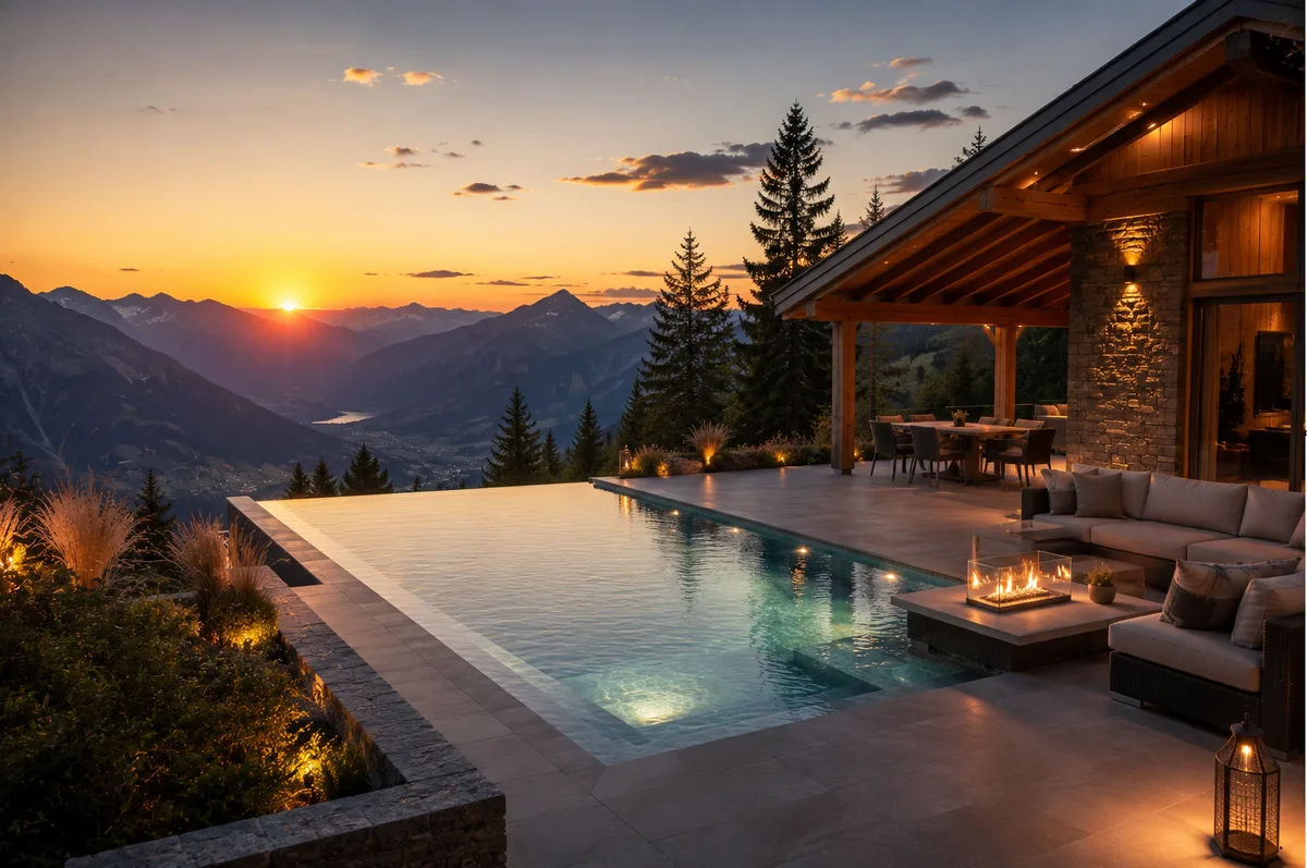Infinity-Pool an einem Chalet mit Bergpanorama im Sonnenuntergang
