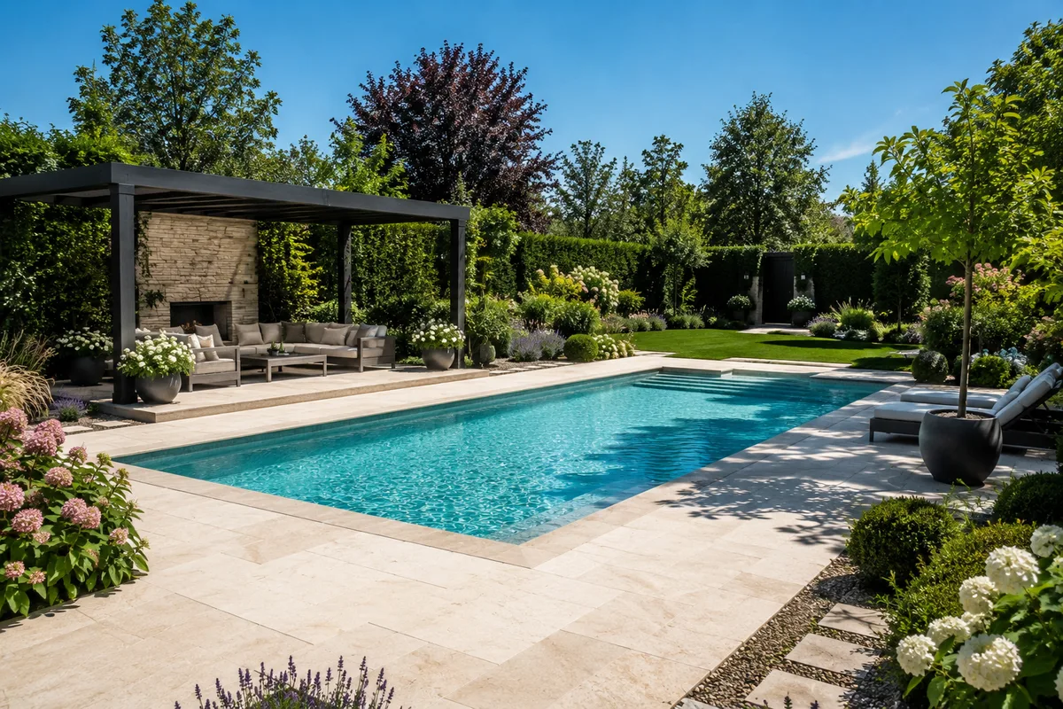 Gartenpool mit heller Steinterrasse, Liegen und überdachtem Sitzbereich
